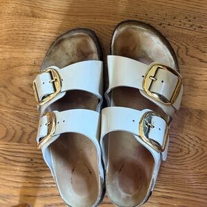 Birkenstock White Double-Buckle Slide Sandals with Gold Buckles